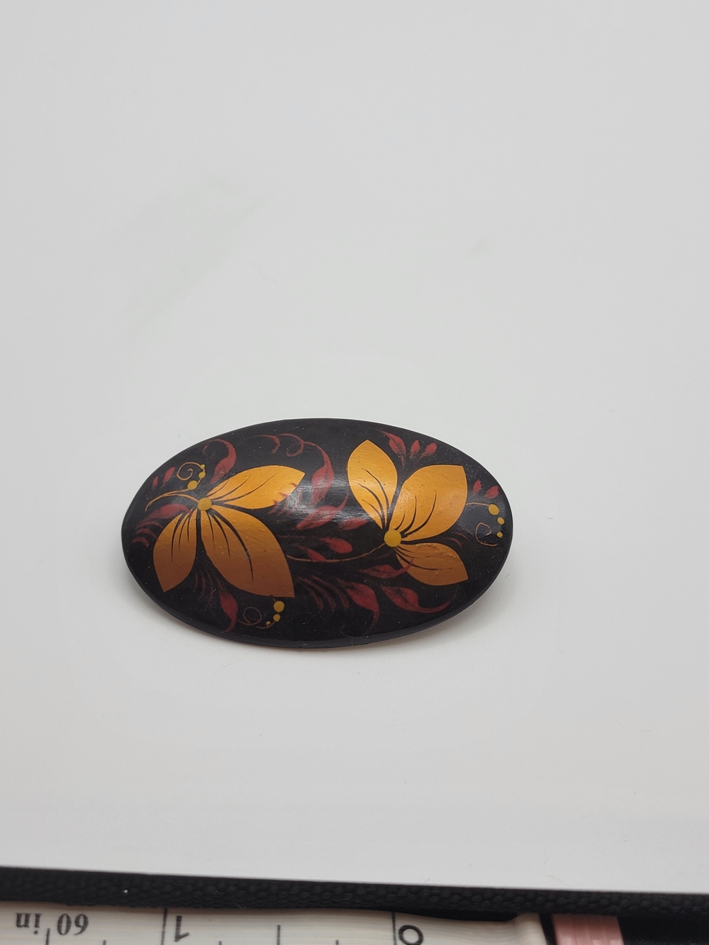 Vintage wooden Hand-Painted Floral Orange Bronze Signed Russian Lacquer Brooch